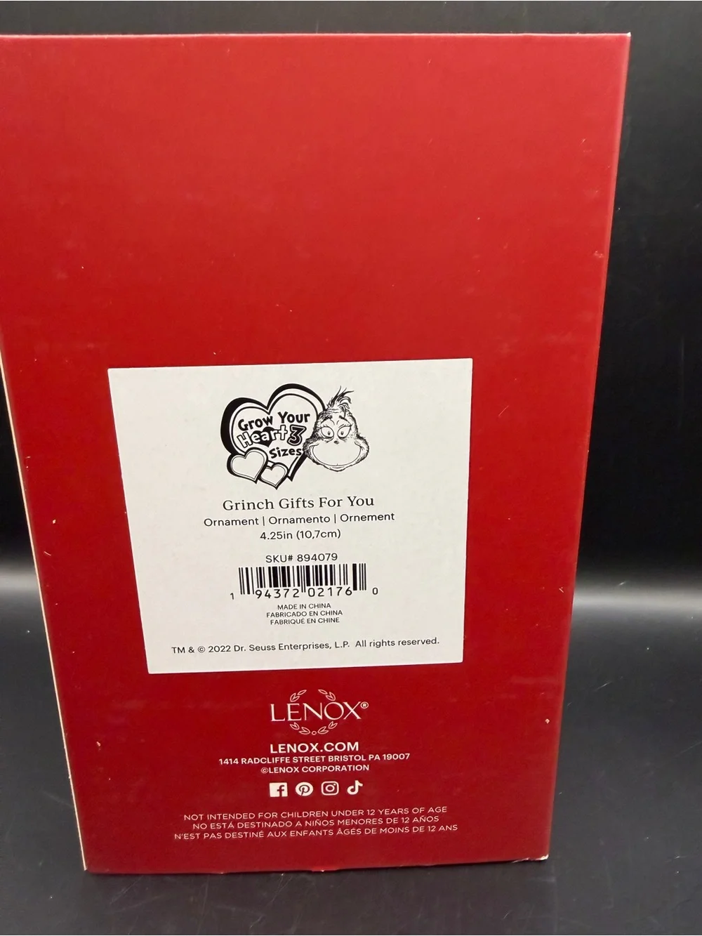 Lenox Dr. Seuss Grinch “Gifts For You” Christmas Ornament – Original Box